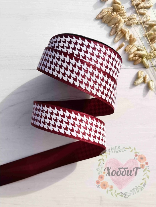 Лента репсовая с рисунком "Гусиная лапка" 2,5см. (бордовый)